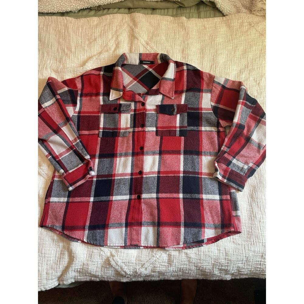 Automet Women Fall Plaid Flannel Shacket Jacket Oversized Long Sleeve Shirt 2 XL - Picture 2 of 4